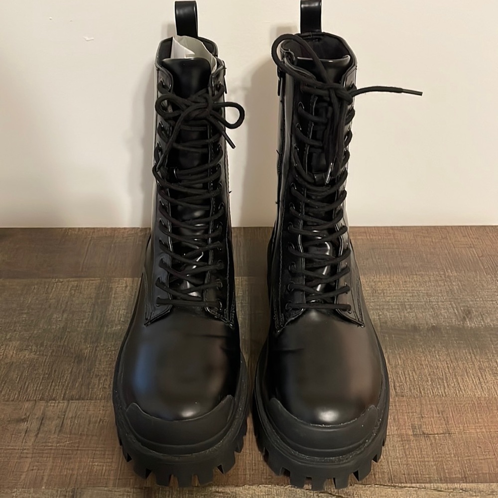 Black faux leather, lace-up, side zip chunky boots by ASOS, size 8.